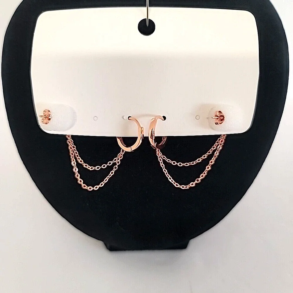 Jewelry Designed By Korea Rose Gold Tone Hoop w/ Chain To CZ‎ Stud Post Earrings